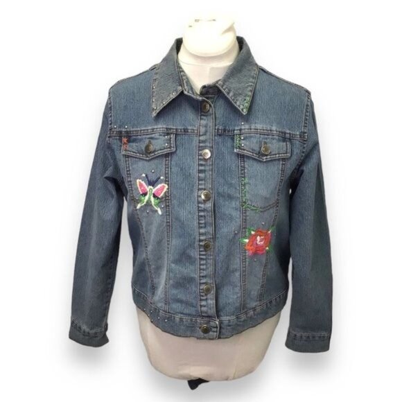 Arizona Jeans Vintage Juniors Embroidered Studded Denim Jacket, Blue, size XL - Picture 1 of 9
